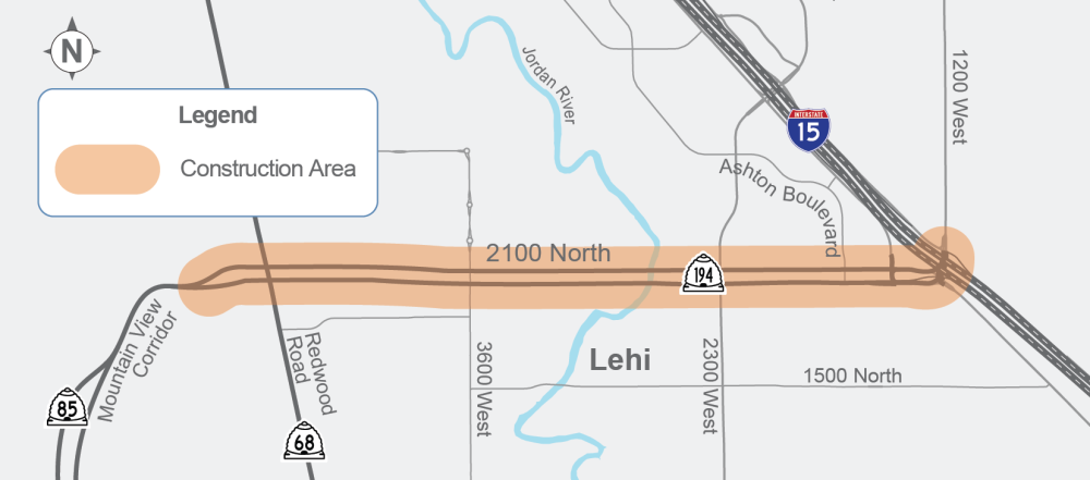 This map of 2100 North in Lehi highlights the construction project area from Mountain View Corridor to I-15 with location markers.