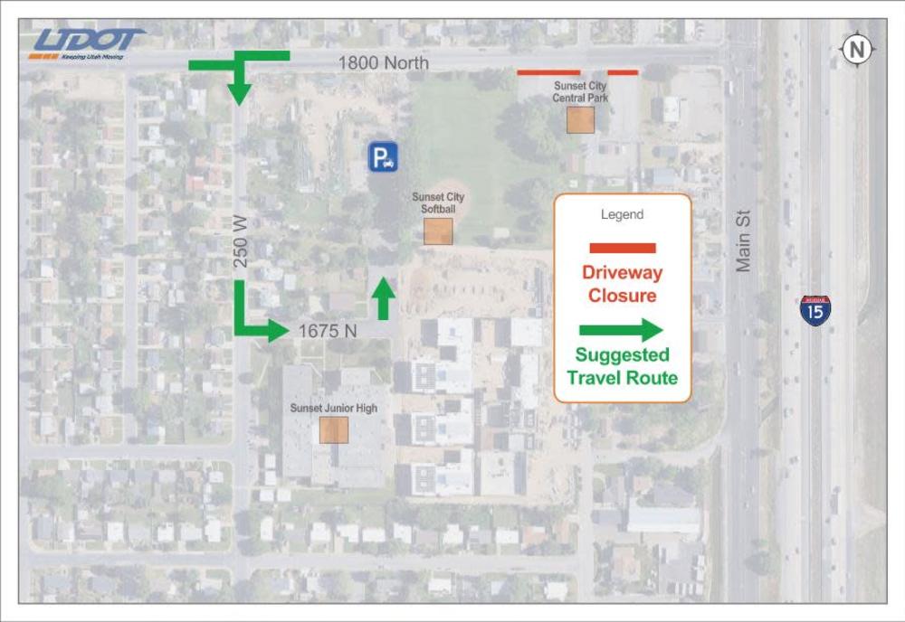 Detour map for Sunset City Central Park. The 1800 North accesses will be closed while work takes place and drivers should use 250 West to 1675 North to access the park. 