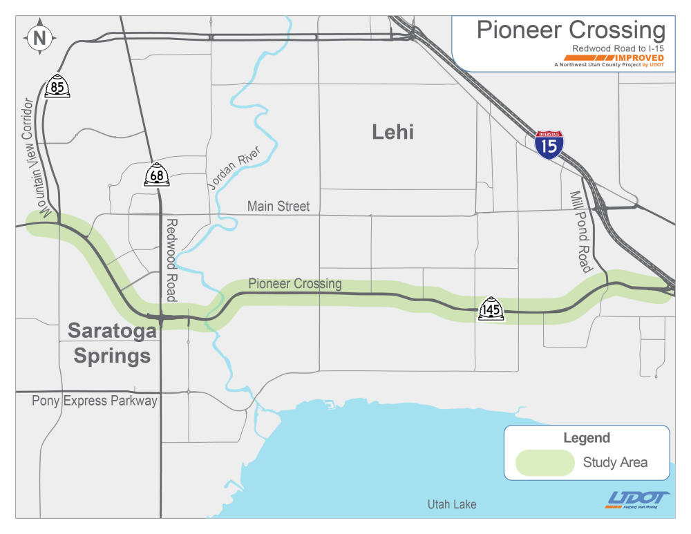 This map of Pioneer Crossing (State Route 145) highlights the study area from I-15 to Mountain View Corridor with location markers.