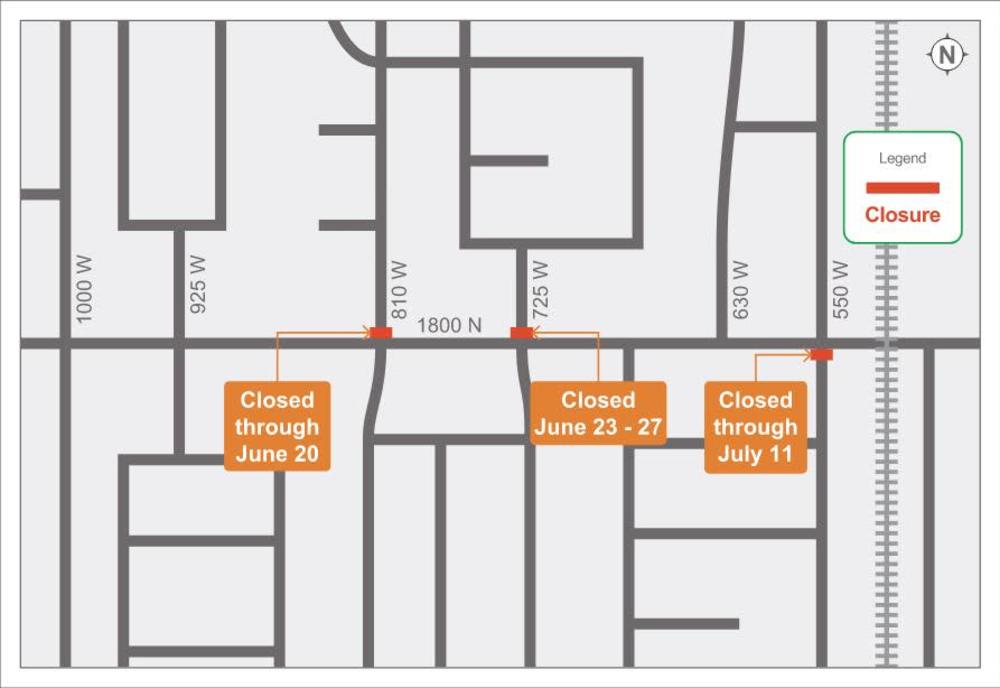 Current side road closures on 1800 N